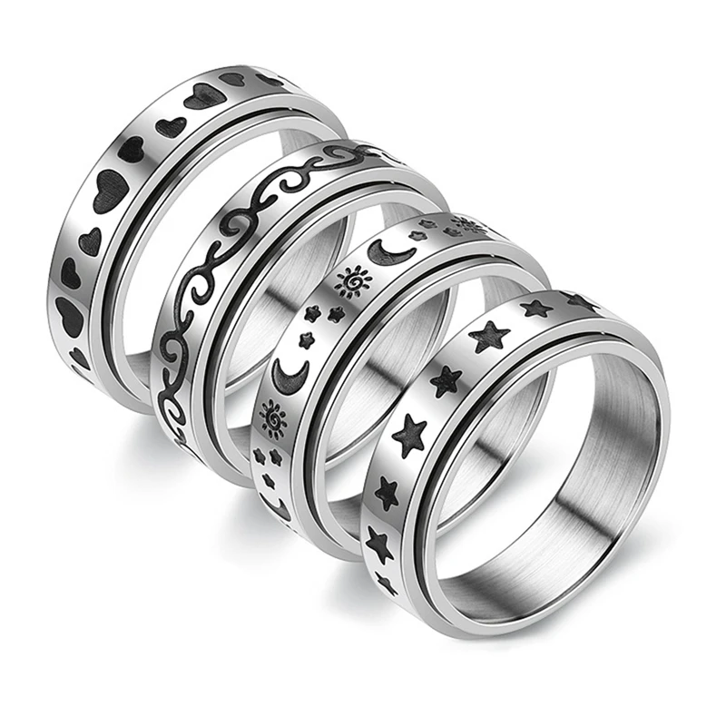 

6mm Stainless Steel Ruyi Pattern Sun Moon Star Rotating Ring Love Couple Ring Fashion Jewelry 2021 New