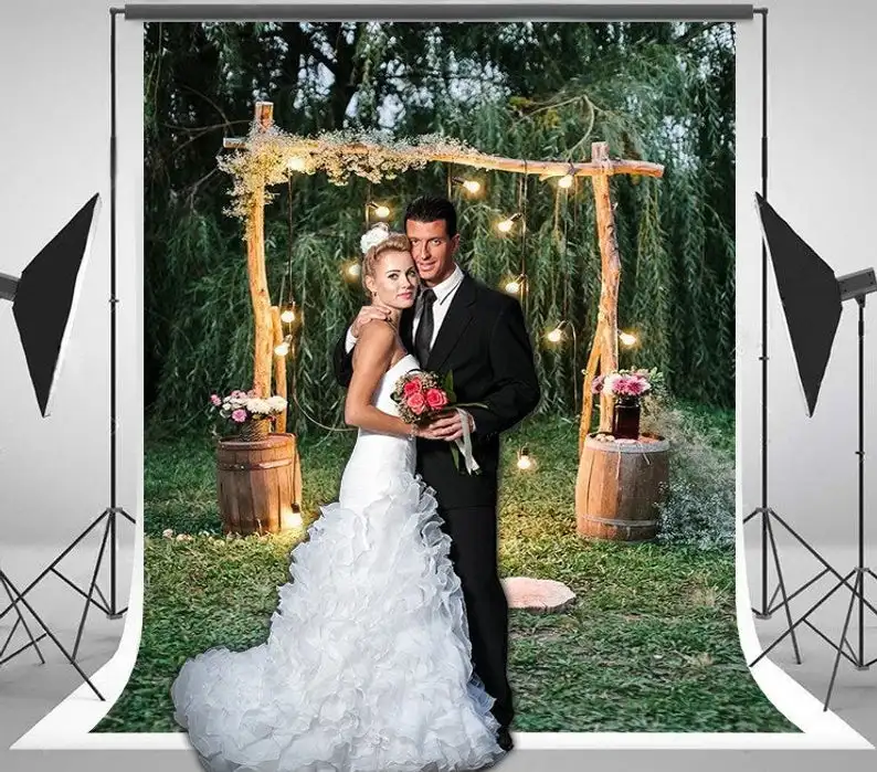 

Photo Backdrop Green Spring Tree Lights Garland Gate Romantic Grass Wedding Ceremony Custom Background Photography Studio Decor