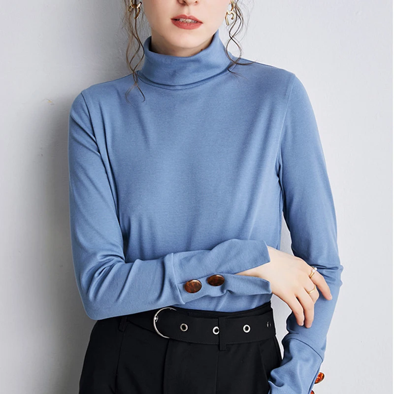 

shintimes Turtleneck Button Long Sleeve T Shirt Women 2020 Cotton T-Shirt Female Korean Style Woman Clothes Slim Tshirt Femme