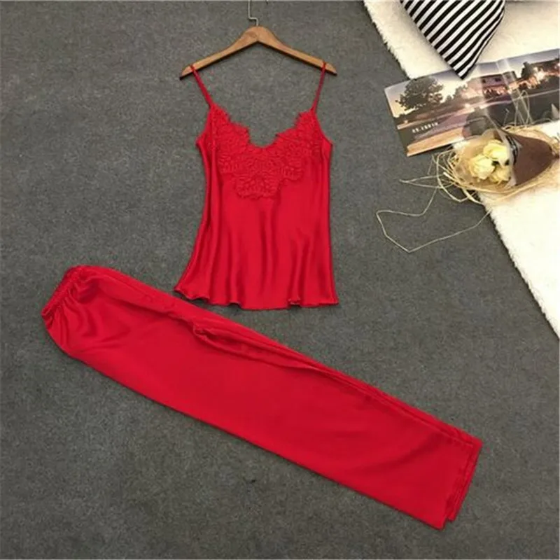 

Home Clothes Silk Pajamas For Woman 2 Piece Lounge Wear 2021 Pijamas Summer Pyjama Satin Femme Spaghetti Strap Sexy Lace