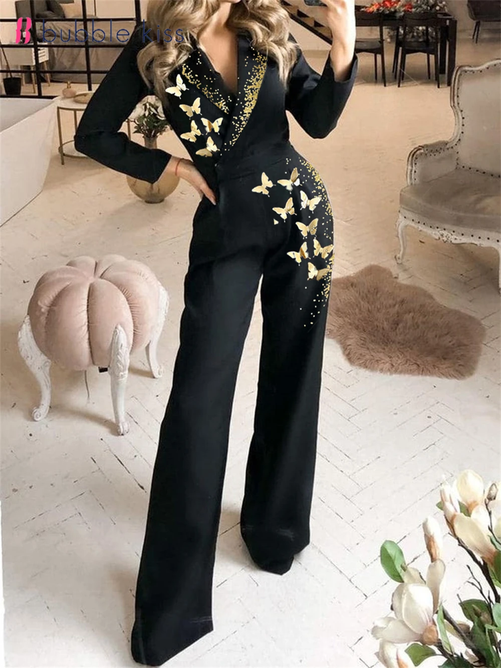 BubbleKiss Fashion Women Jumpsuit Golden Butterfly Print Overalls for Women Bodysuit Black V-neck Office Lady Female Jumpsuit