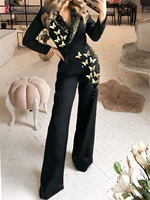 bubblekiss fashion women jumpsuit golden butterfly print overalls for women bodysuit black v neck office lady female jumpsuit