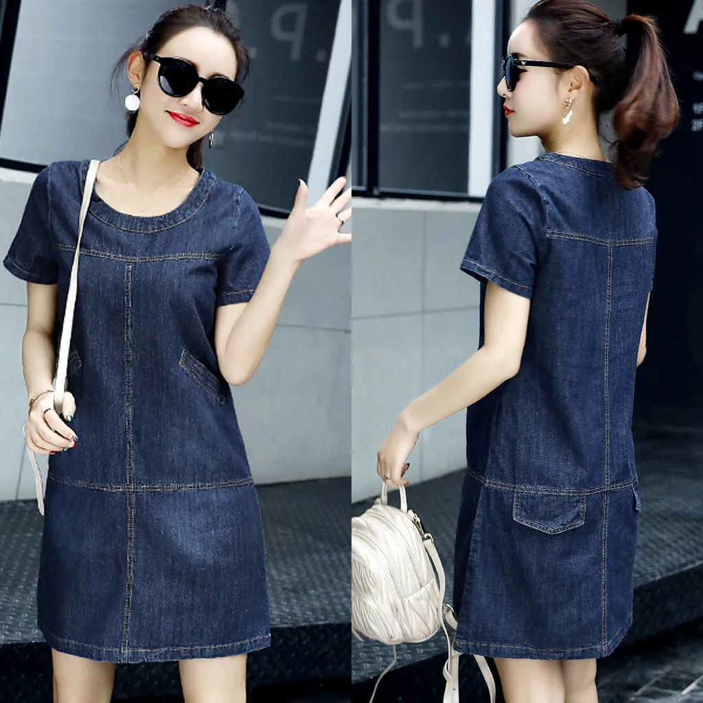 Женское джинсовое летнее платье большого размера свободное с круглым вырезом и