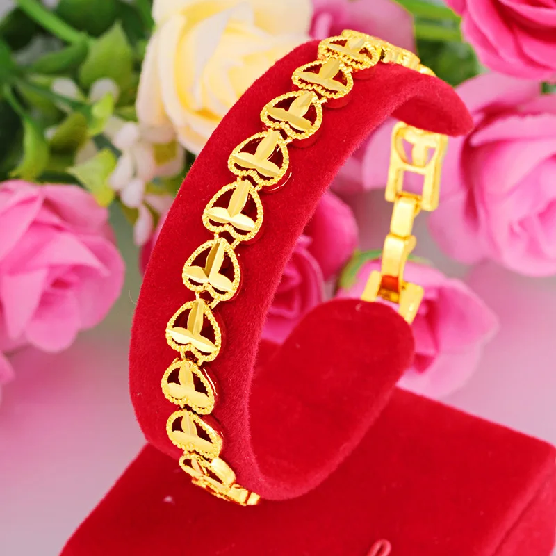 

24k Gold Plating Heart Charm Bracelet Bangle Girls Women Flower Bracelets Jewelry For Women High Quality Hand Jewelry Gifts