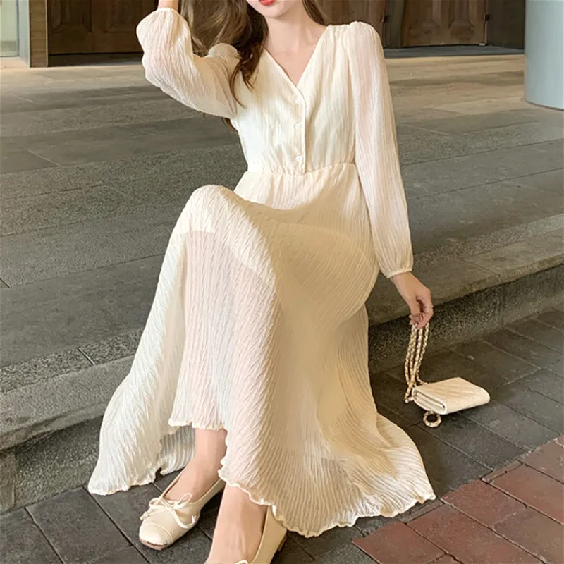 

Элегантное платье женское повседневное кружевное платье с длинным рукавом один-кусок платье в Корейском стиле с пуговицами и вечерние с v-о...