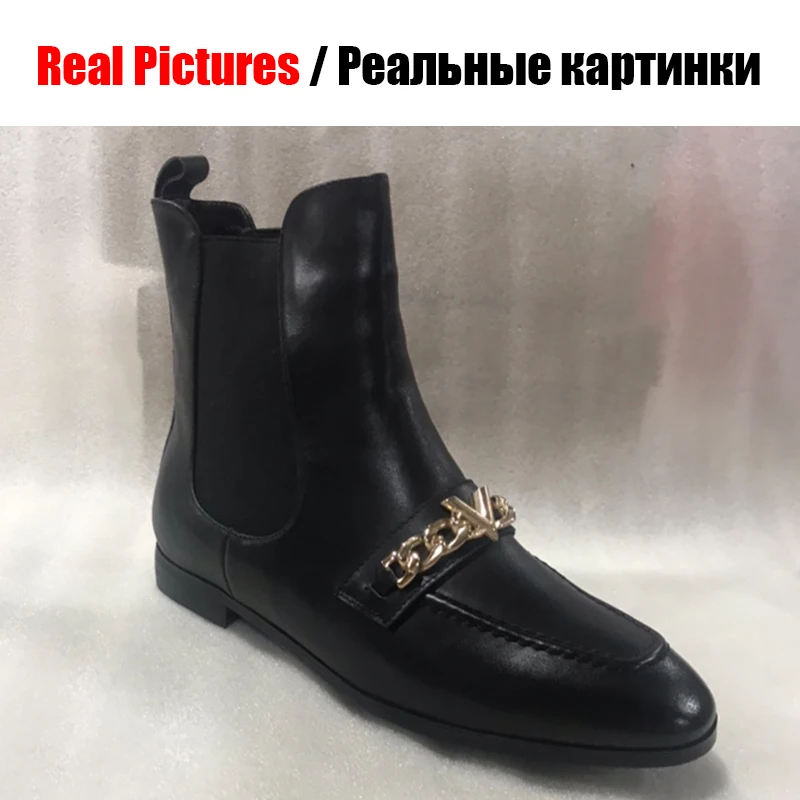 BONJOMARISA/ г., весенние Брендовые женские ботильоны «Челси» из натуральной кожи черная обувь с цепочкой женская повседневная обувь на низком каблуке