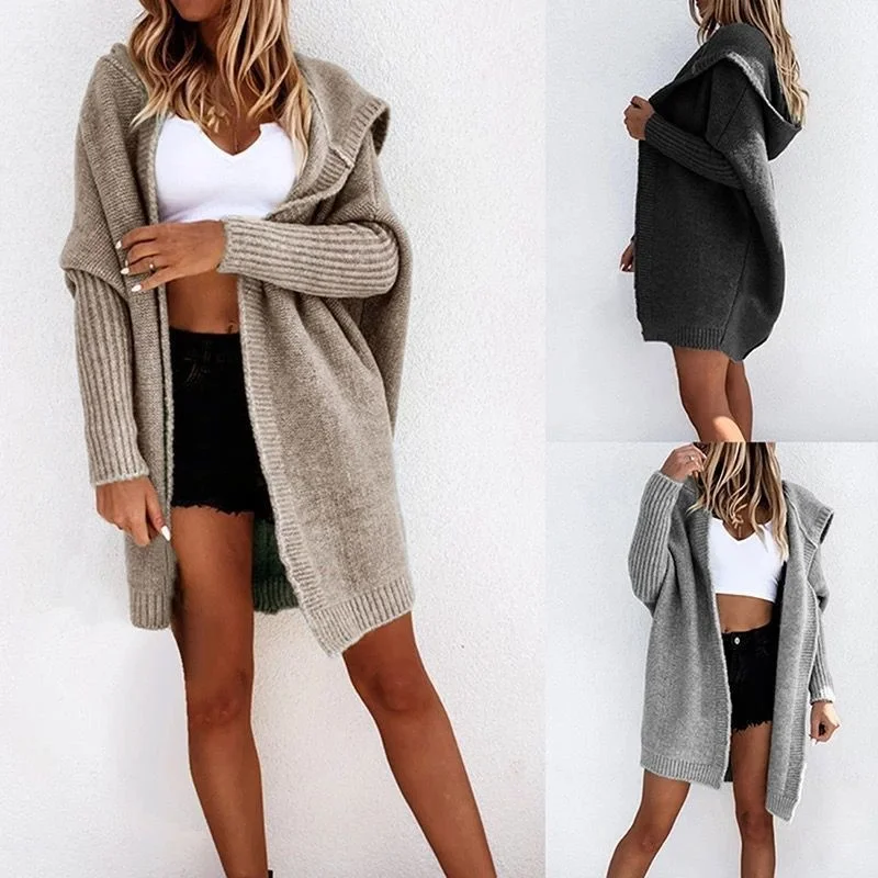 

2021 Sweater Women's New Solid Color Casual Autumn Winter Loose Knit Hoodie Medium Length Coat