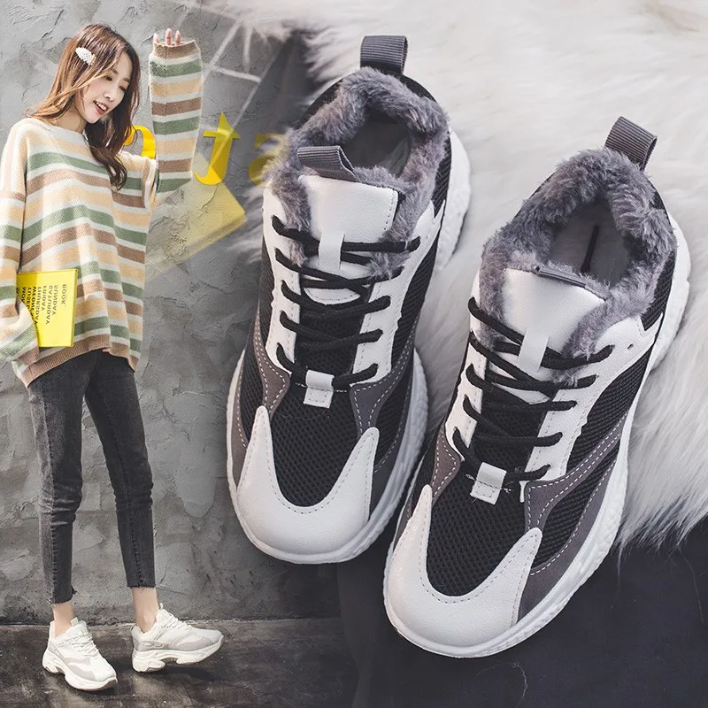 Зимняя обувь женская на меху с коротким плюшевым каблуком 5 см Zapatos De Mujer белые