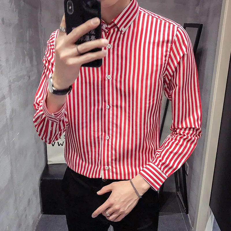 

Autumn and winter new men's shirt with plush and warm warm trend stripe Korean slim casual shirt