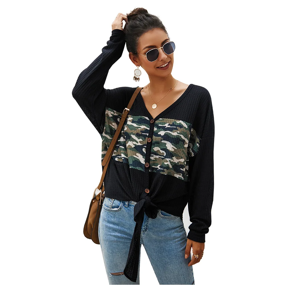 Свитер с v-образным вырезом и длинным рукавом Женский Повседневный Камуфляжный