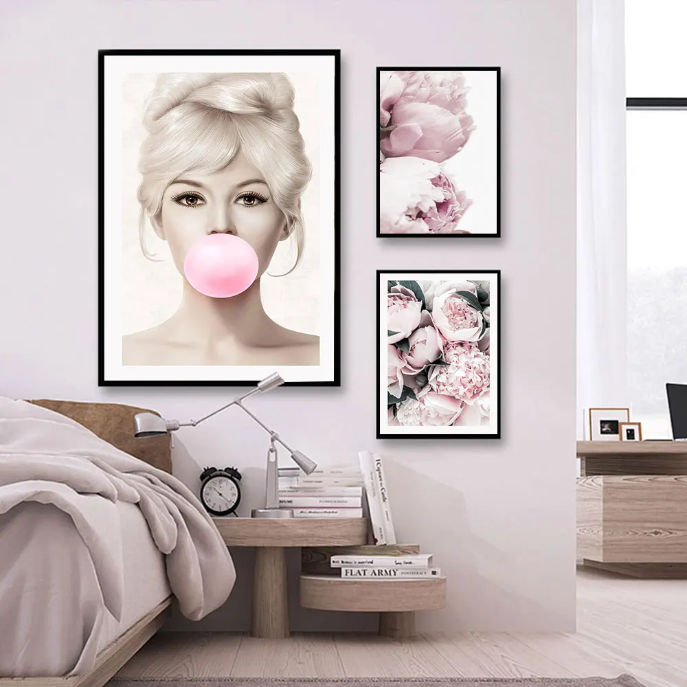 

Pink Flower Poster Woman blowing bubbles Canvas Painting customize botanical Art Print Modern Wall Picture For Living Room Decor