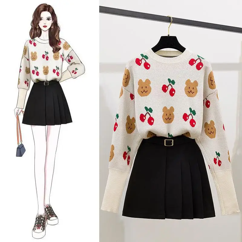 ICHOIX/милый свитер с принтом ягод комплект из топа и юбки Женский 2 предметов мини