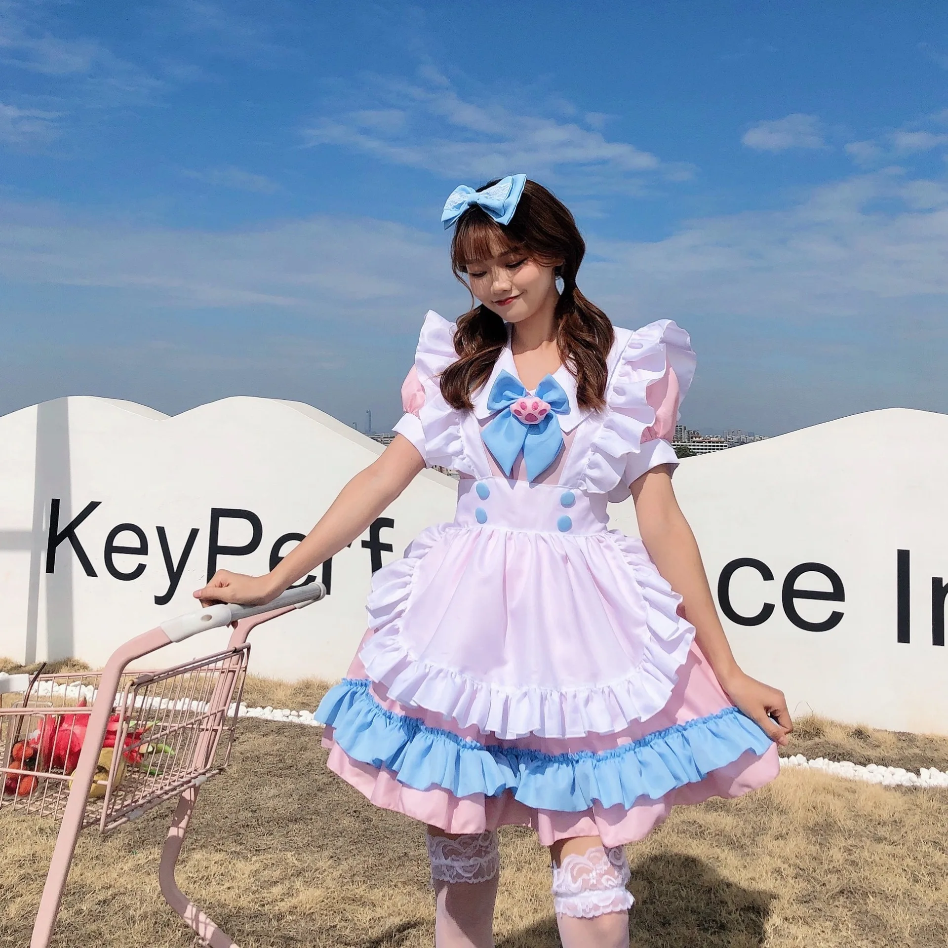 

Orz-I Women Maid Outfit Anime Cute Cat Pink Blue Lace Trim Apron Cat paw Lolita Dresses Cosplay Costume Full set plus size 4XL