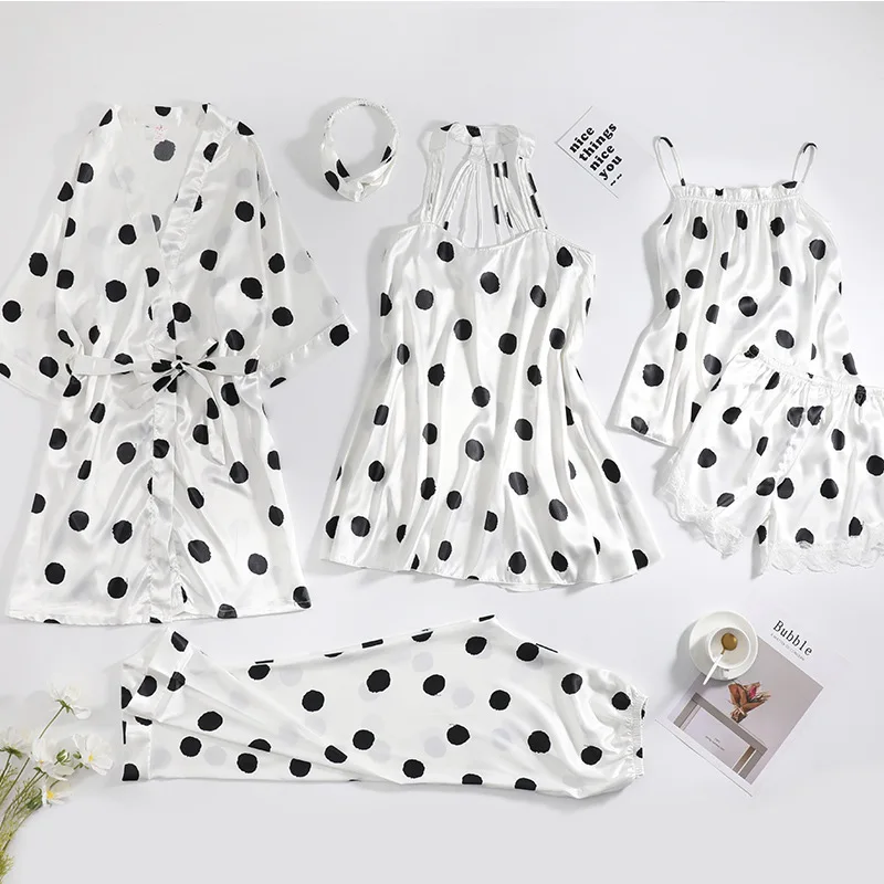 Пижамный комплект из 6 предметов Халат в горошек искусственного шелка Комплект