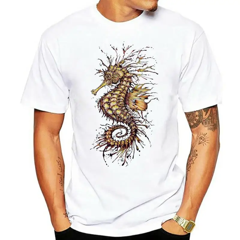 

Fabulous Design T Shirt Men Tops & Tees White Cotton Fabric O-neck Short Sleeve Chic Seahorse Print Clothing Coupons Available