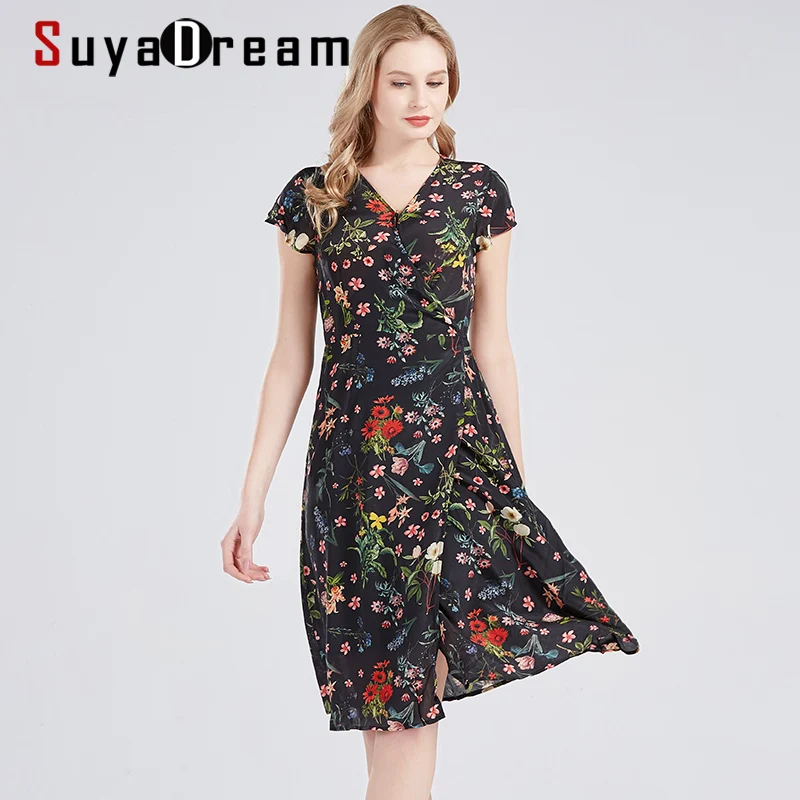 

Женское Цветочное платье SuyaDream, 100% шелковое платье-миди с V-образным вырезом и поясом, весна-лето, 2021