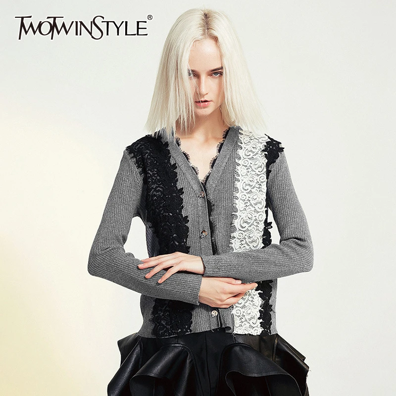 TWOTWINSTYLE Повседневный вязаный женский свитер с v-образным вырезом и длинным