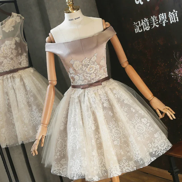 

Off Shoulder Short Lace Appliques Champagne Cocktail Graduation Homecoming Dresses Elegant Party Formal Dress 2019