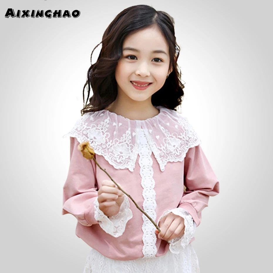 Блузка для девочек блузка с кружевным воротником школьные рубашки длинными