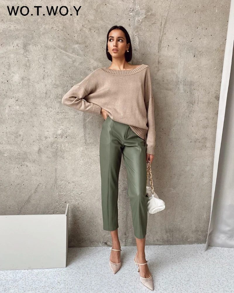 

WOTWOY Elegant Spliced PU Leather Pants Women High Waist Office Lady Fomal Trousers Female Black Straight Pants with Pockets