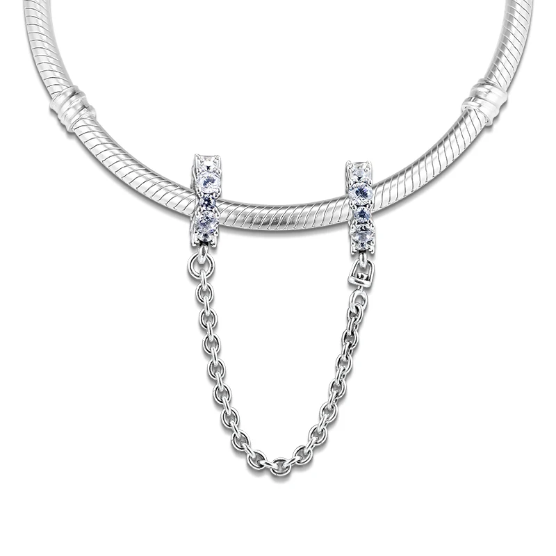 Genuine 925 Sterling Silver Clear Sparkling Safety Chain Charms Fits Pandora Bracelet Beads for Women DIY Jewelry Making | Украшения и