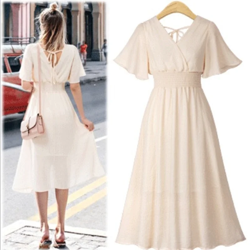 

2021 Women Summer Pink Fairy Dress V-neck Chiffon Cottagecore Short Sleeve Dress Female Sweet New Solid Color Slim Body Dresses