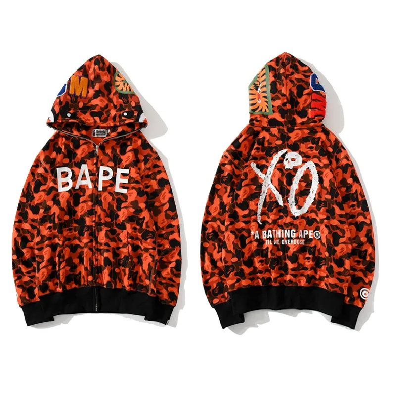 

Красные камуфляжные толстовки BAPE Joint XO, мужские свободные толстовки с капюшоном в виде катышков акулы, уличная одежда, однотонная зеленая То...