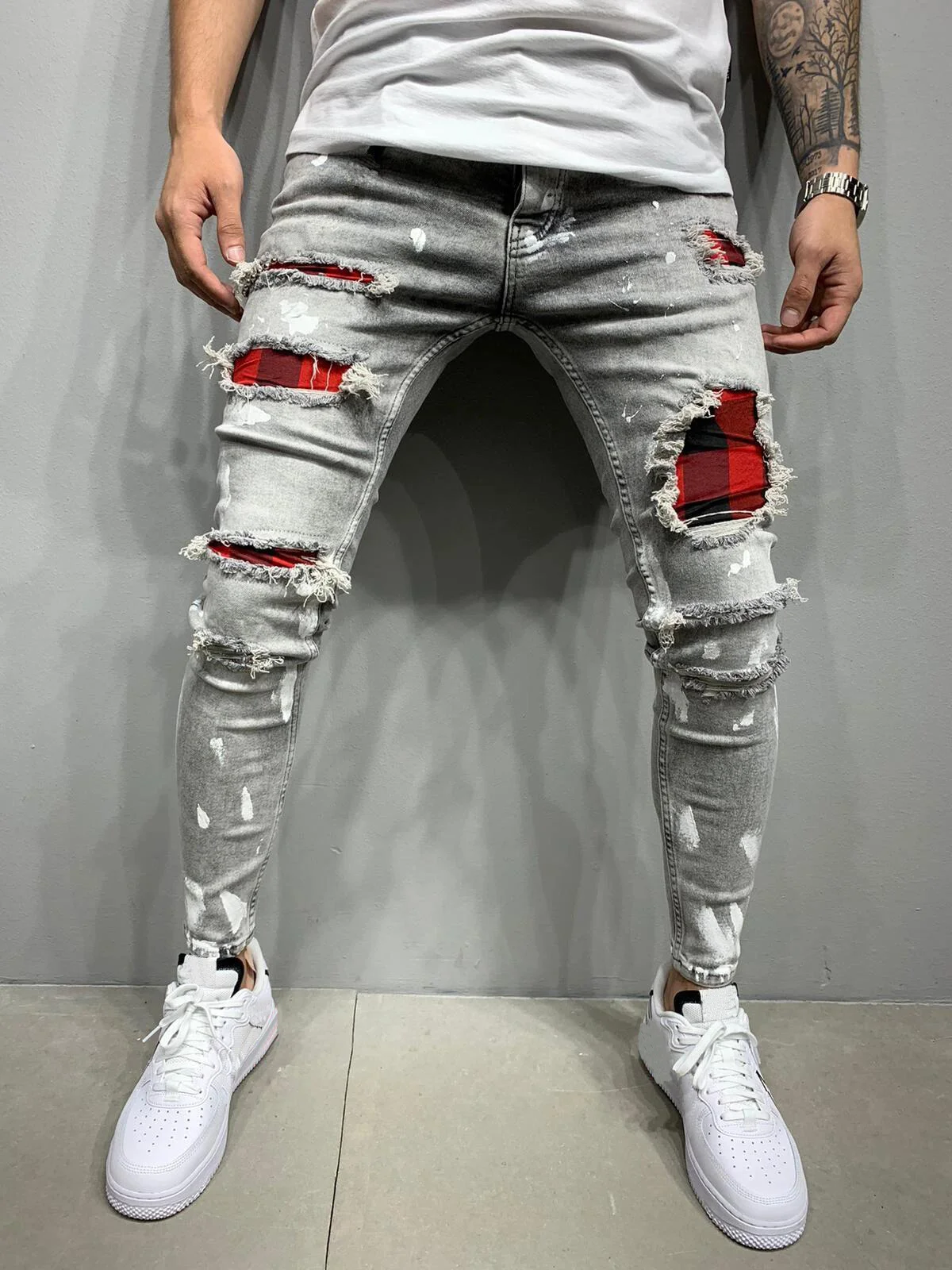 

Men's Quilted Embroidered jeans Skinny Jeans Ripped Grid Stretch Denim Pants MAN Elastic Waist Patchwork Jogging Denim Trousers