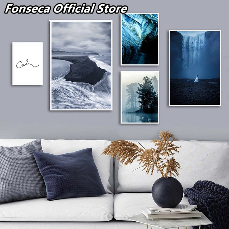 Водопад пляж Туманный лес пейзаж Картина природный Искусство на холсте в