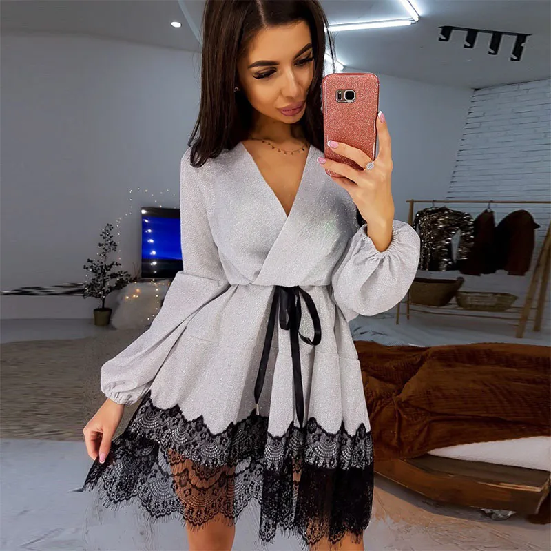 Женское сексуальное кружевное лоскутное платье трапециевидной формы с длинным