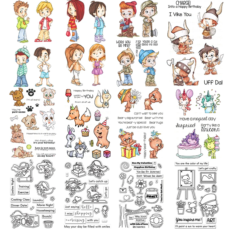 Мультяшные прозрачные штампы с фигурками человека и животными создание открыток