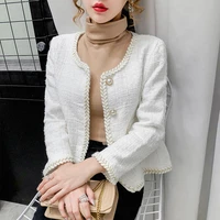 2021 ladies temperament jacket small fragrance style retro short tweed coat loose korean plaid pearl button feminine style coat