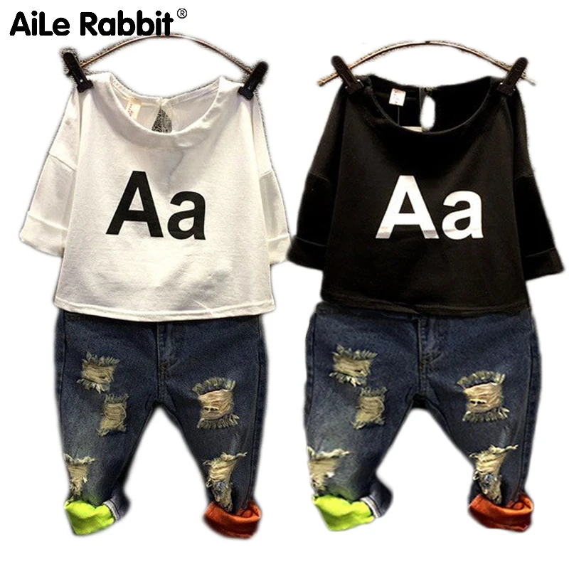 Комплект одежды для мальчиков и девочек AiLe Rabbit детская модная футболка джинсы