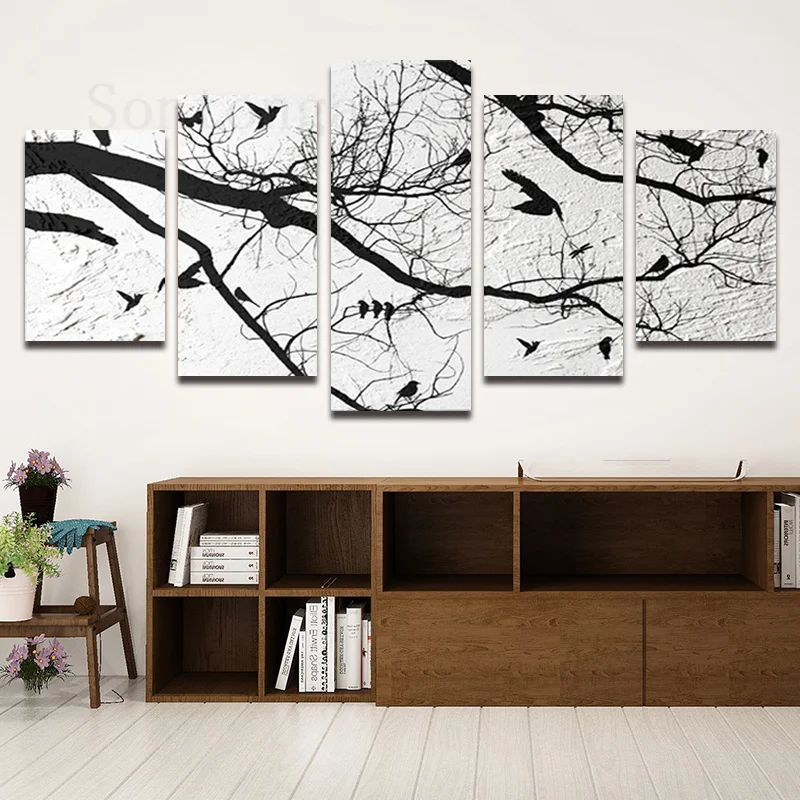 Декоративная живопись из пяти частей ветвей дерева птица серый тон простой стиль