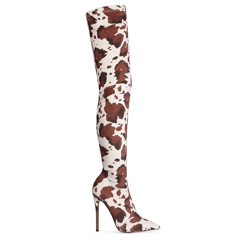 

Новые замшевые сапоги до бедра с принтом, женские привлекательные Сапоги выше колена на шпильке с острым носком для женщин, вечерние Классические сапоги для женщин