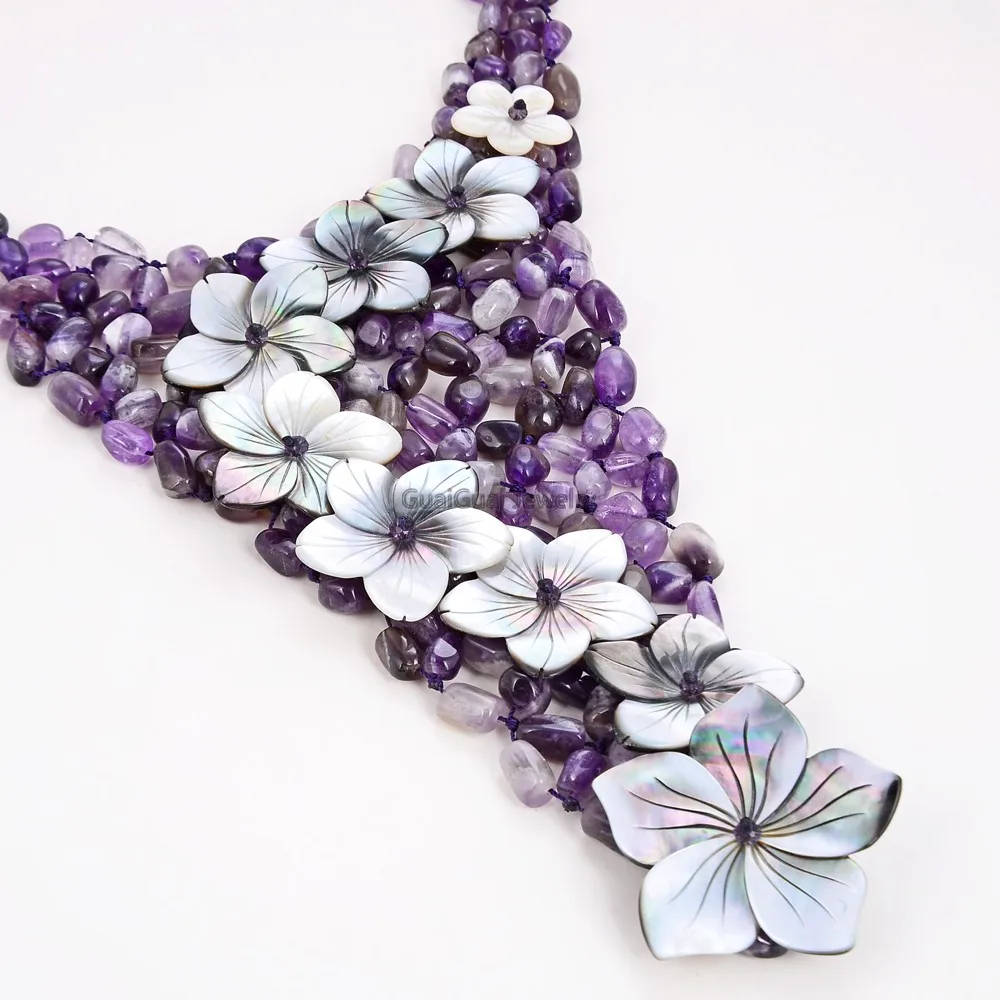 

GuaiGuai Jewelry Stunning Big Purple Amethyst Black Cameo Flower Necklace Toggle Clasp