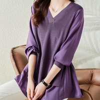 2021 new womens spring fake two piece knitted chiffon shirt large size thin section stitching top loose blusa v neck full