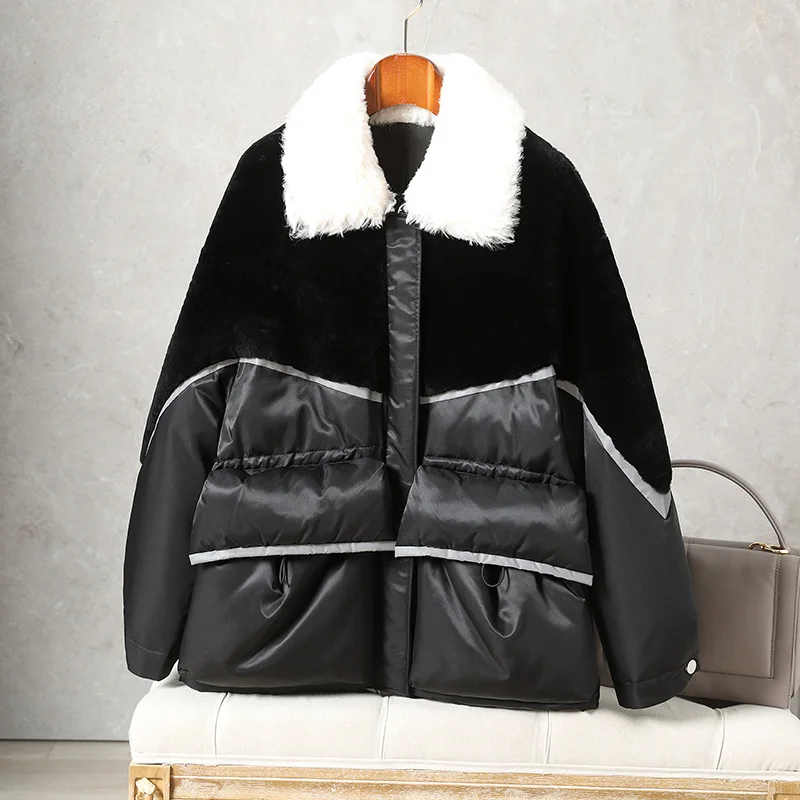 

SHZQ 2021 New Fur Fur One Piece Down Jacket Female Lamb Wool Collar Autumn Winter Thickened Waist Jacket Trend