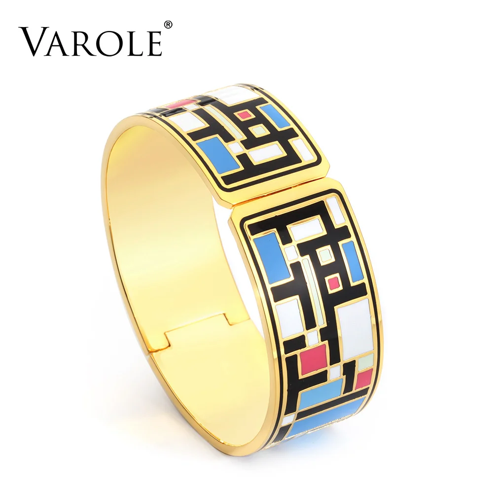 

VAROLE New Fashion Can Open Bangle For Women Gold Geometric Colorful Enamel Pattern Cuff Bangles Wedding Jewelry