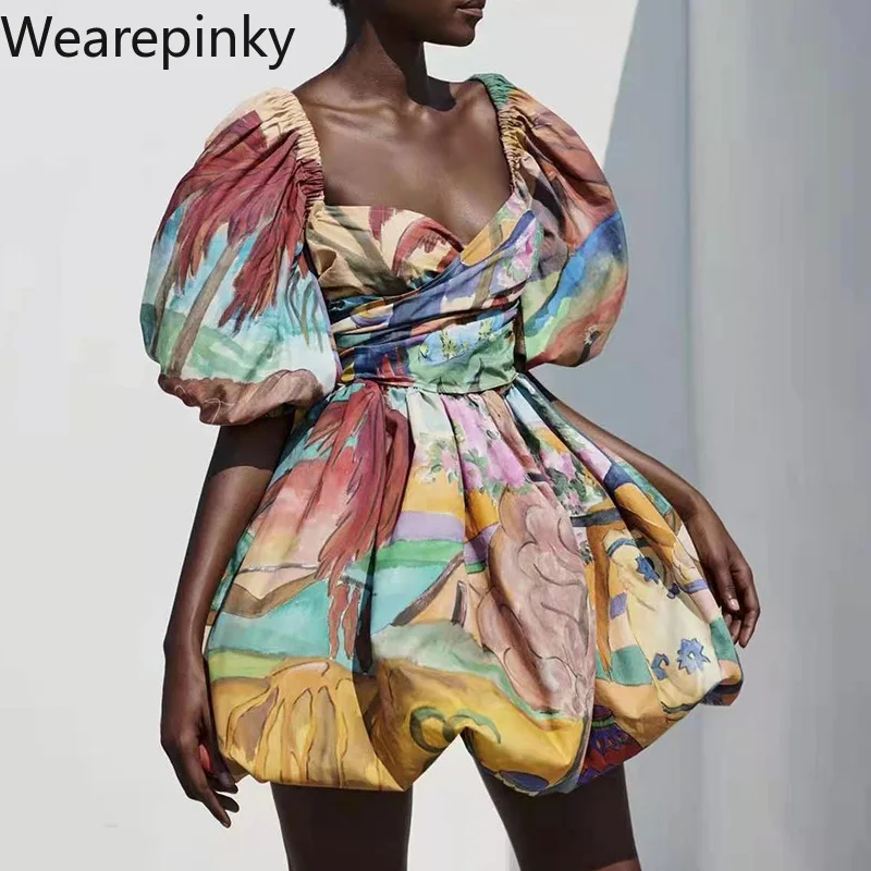

Summer Dress Women Bohemian Tube Top Sexy New Fashion Slim High Waist Square Collar Puff Sleeve Short Puffy Dresses Female 2021