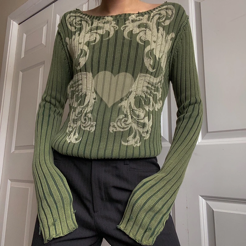 

Vintage Print Sweaters Women Casual Knitted Jumpers Autumn Aesthetic Sweater Pullovers Long Sleeve Knitwear Grunge