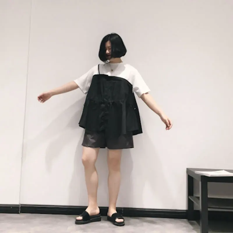 

XITAO Patchwork False Two Pieces T-shirt 2021 Summer New Style Loose Trendy Brand Niche Thin Style All-match O-neck Top WMD0216