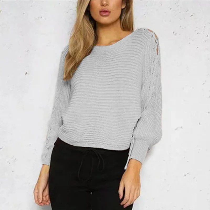 

Женский трикотажный свитер со шнуровкой и рукавами на осень и зиму, 2018