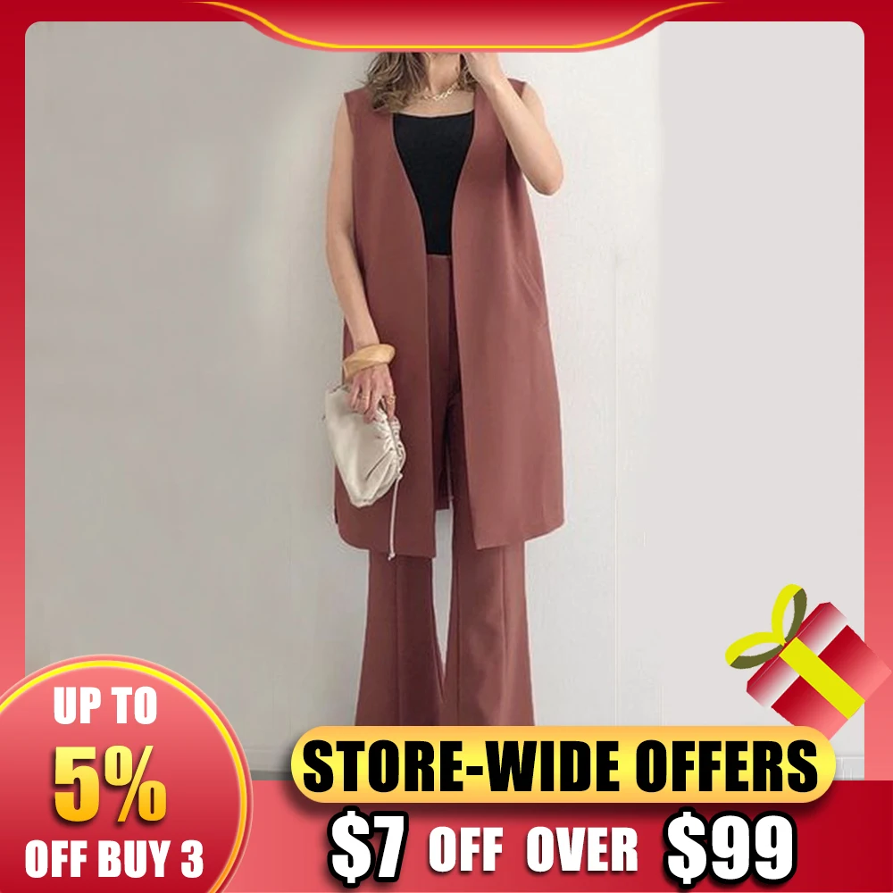

Vintage Fashion Women's 2pcs-Set Long Sleeveless Vest Casual Pocket Straight Wide Leg Pants Suit Office Lady Streetwear Outfits