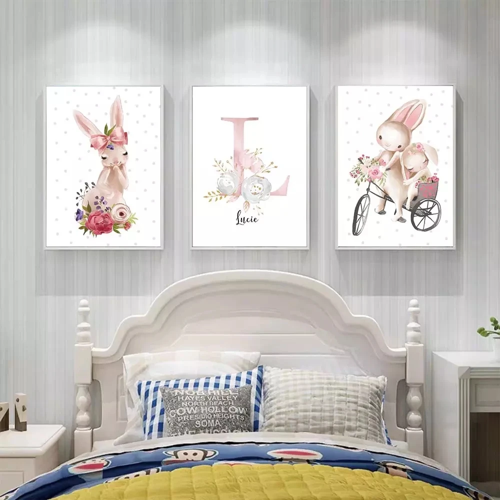 

Baby Posters Personalized Girl's Name Custom Lovely Animal Painting Canvas Print Wall Pictures for Kids Bedroom Nursery Decor