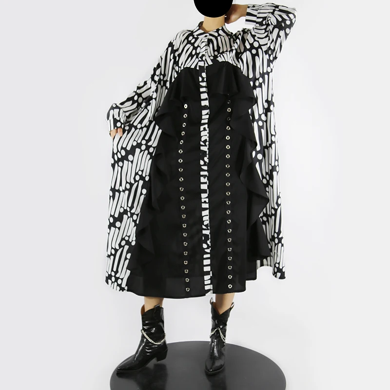 Женское платье-рубашка размера плюс с геометрическим принтом зимнее черное