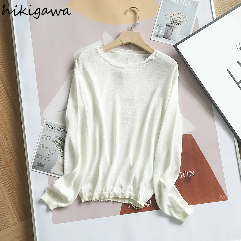

Hikigawa Thin Knitted Pullover Japanese Style Versatile Basic Long Sleeve Sweater Women Jumpers High Street Woman Sweaters Tops