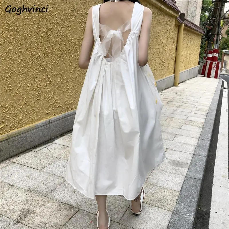 

Sleeveless Dress Women High Waist Lace Bow Backless Pleated Graceful Korean Style Ins Female Solid Mid-calf Dresses Trendy Sweet