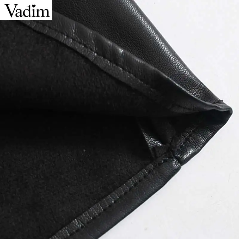 Vadim women elegant solid PU leather mini dress three quarter sleeve turn down collar straight female chic casual dresses QC941