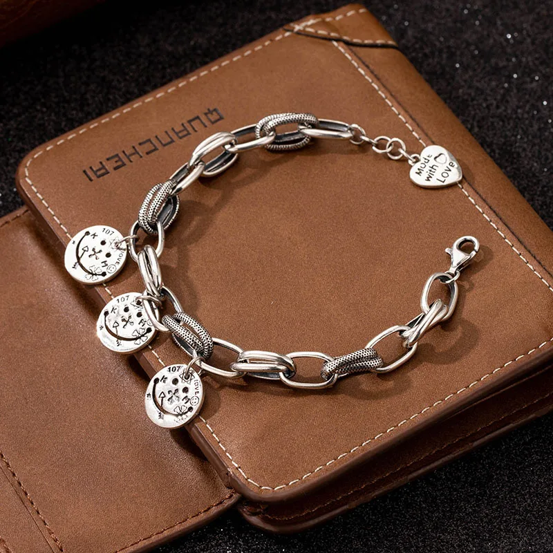 

Thai Silver Vintage 925 Sterling Silver Bracelet Smiley Face Thick Charm Bracelet Hand Chain Women's Fashion Student Jewelry